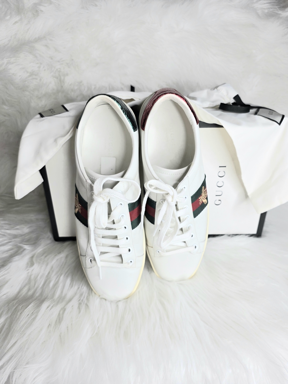 Gucci Ace Bee Red & Green Web Leather Tennis Shoes Code 431942 38 1/2 040.